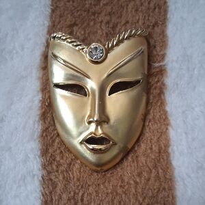 Gold Face Mask Brooch with Clear Stone Accent